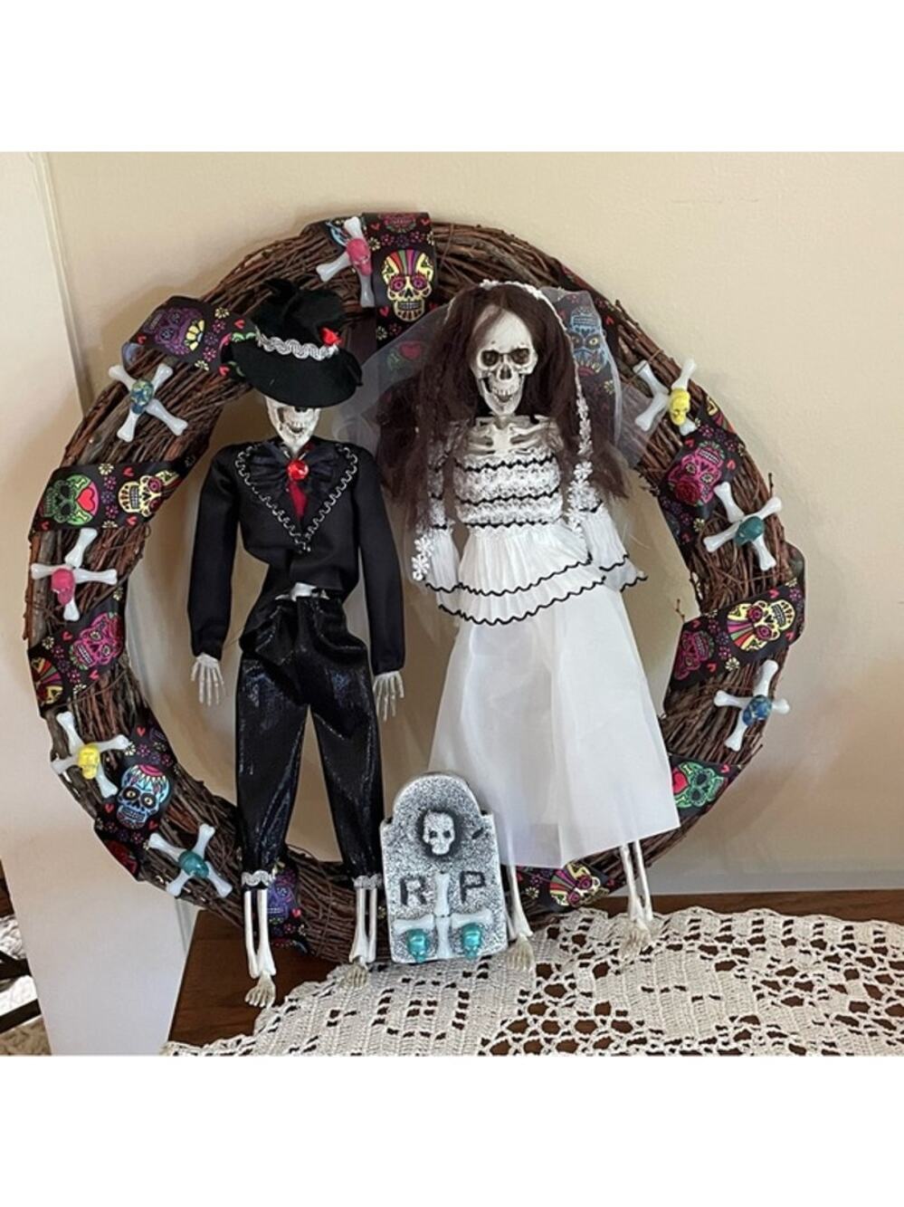 Handmade Halloween Skeleton Bride Groom Wreath 18" Gothic